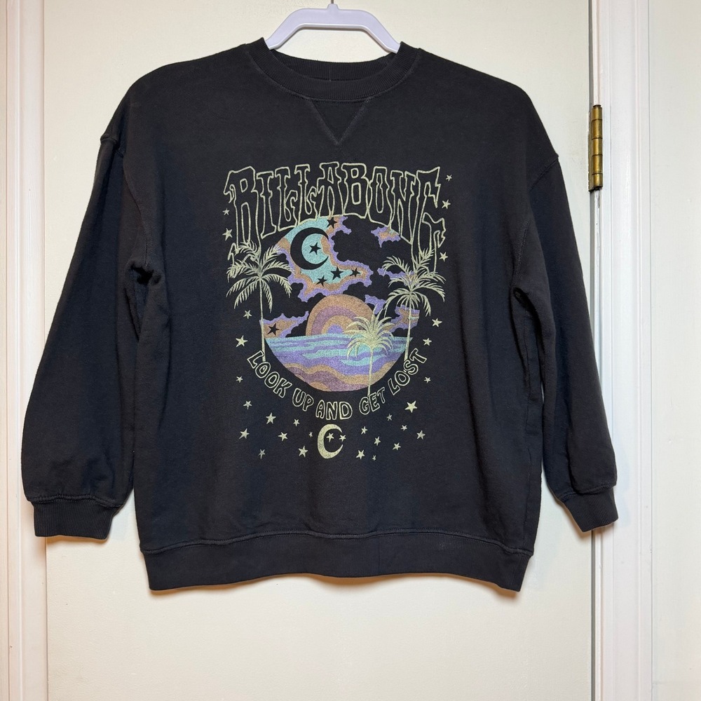 Billabong‎ Kids Graphic Sweatshirt Black Moon Palm Tree Sunset Print Pullover M